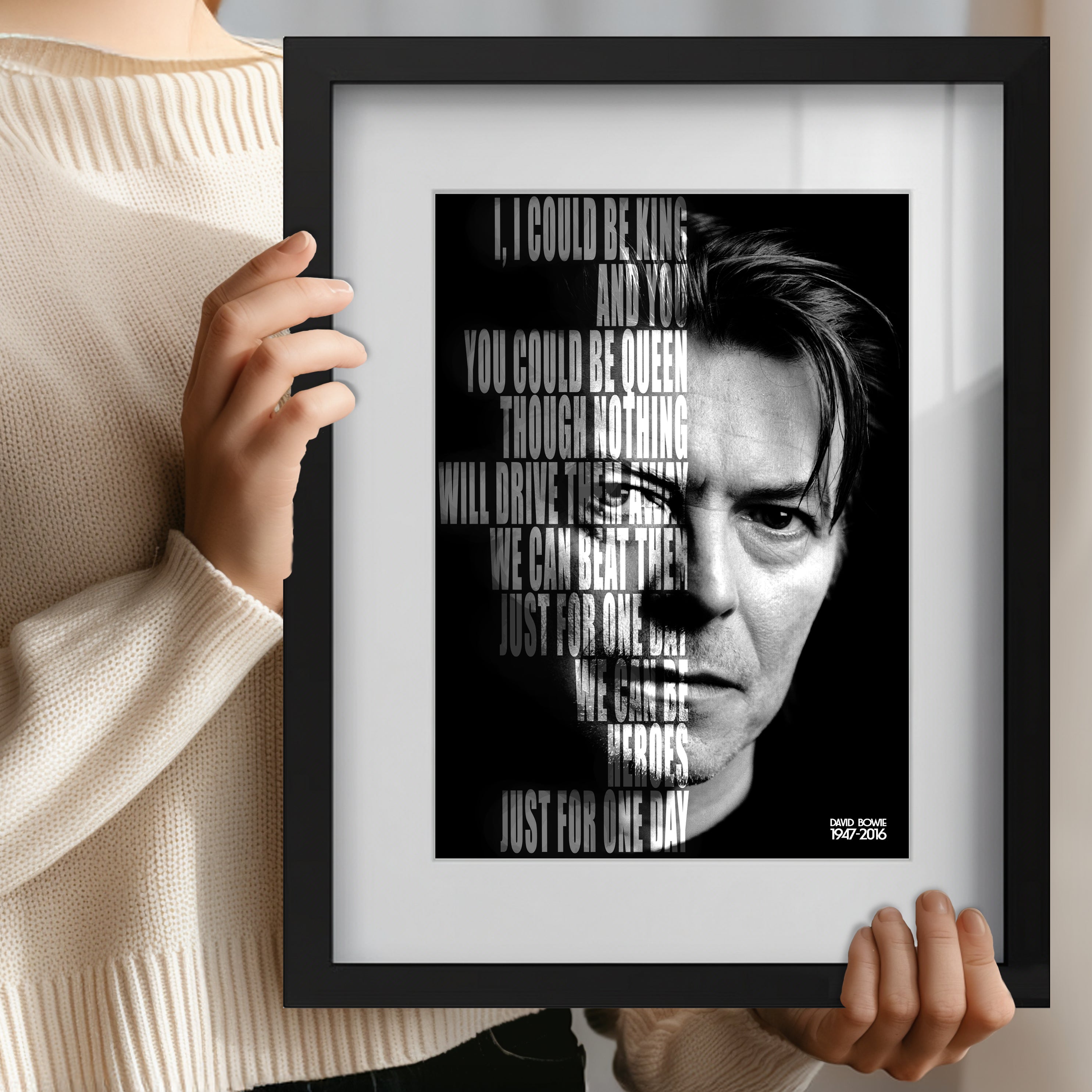 David Bowie - Heroes Lyrics Poster - Multi-Size Prints or THREE FRAMED Options
