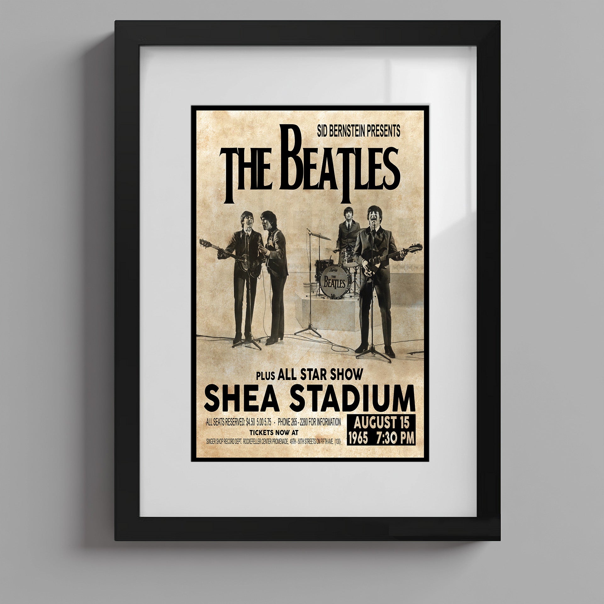 The Beatles - 1965 First Shea Stadium Concert Poster - Multi-Size Prints or THREE FRAMED Options