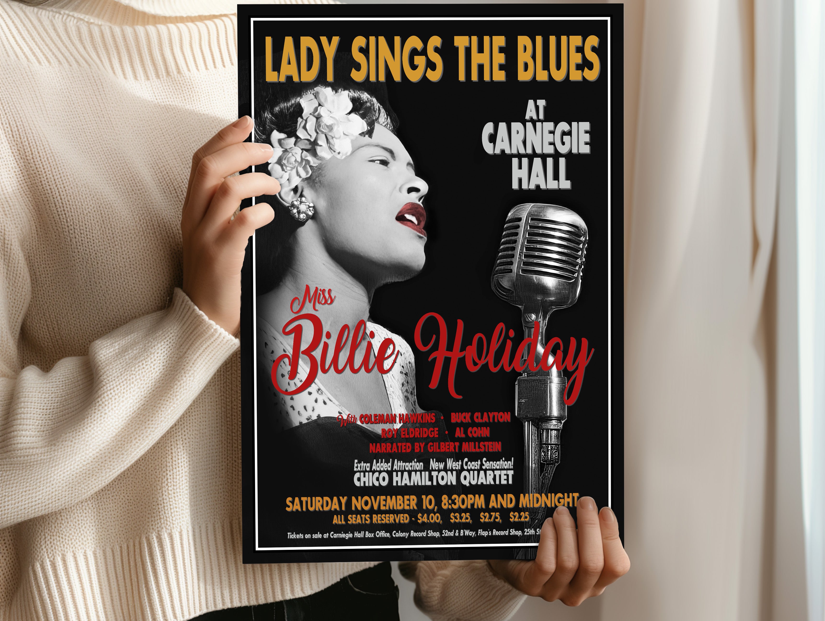 Billie Holiday - Carnegie Hall 1956 Poster - Multi-Size Prints or THREE FRAMED Options